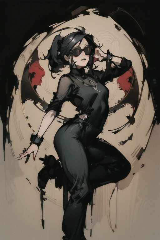 Black workwear jumpsuit、A woman wearing a costume covered with patches, cyber punk, Mosh Pit, (Highest quality,4K,8K,High resolution,masterpiece:1.2),Live Stage、Chinese style world view、Large sunglasses,Punkish hairstyle、Full body portrait、dynamic dancing