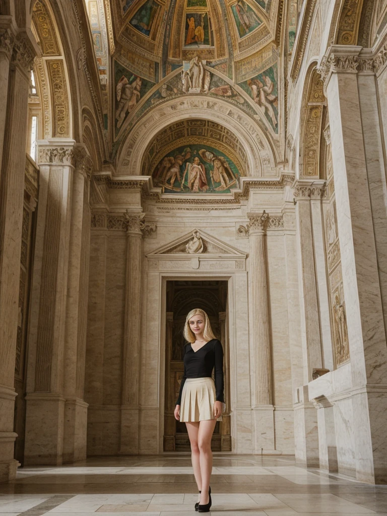 her name is Marie, 1girl, ((20-year-old fit Caucasian woman)), ((20 years old)), ((fit)), ((pale skin tone)), ((medium length straight blonde hair)), wearing Lace-Up Corset Top + High-Waisted Pleated Skirt, pose: standing, background: Capture the historical significance of the Vatican City, where visitors can admire the grandeur of St. Peter's Basilica, the beauty of the Sistine Chapel, and the vast collections of the Vatican Museums.