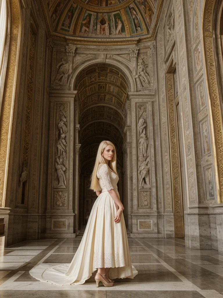 her name is Marie, 1girl, ((20-year-old fit Caucasian woman)), ((20 years old)), ((fit)), ((pale skin tone)), ((medium length straight blonde hair)), wearing Lace-Up Corset Top + High-Waisted Pleated Skirt, pose: standing, background: Capture the historical significance of the Vatican City, where visitors can admire the grandeur of St. Peter's Basilica, the beauty of the Sistine Chapel, and the vast collections of the Vatican Museums.