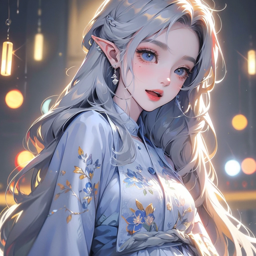 ((Highest quality)), ((masterpiece)), (detailed), One girl, The background is nature、The weather was sunny.、Silver hair straight long hair、Half Up、Parallel thin eyebrows、Double droopy eyes、Thin lips、Small nose、Blue Eyes、Long eyelashes、Delicate appearance、Illustration seen from the front、A big smile with an open mouth、White dress、Elf、Fantastic illustrations、Highlights are 7 colors、The light is on my face、