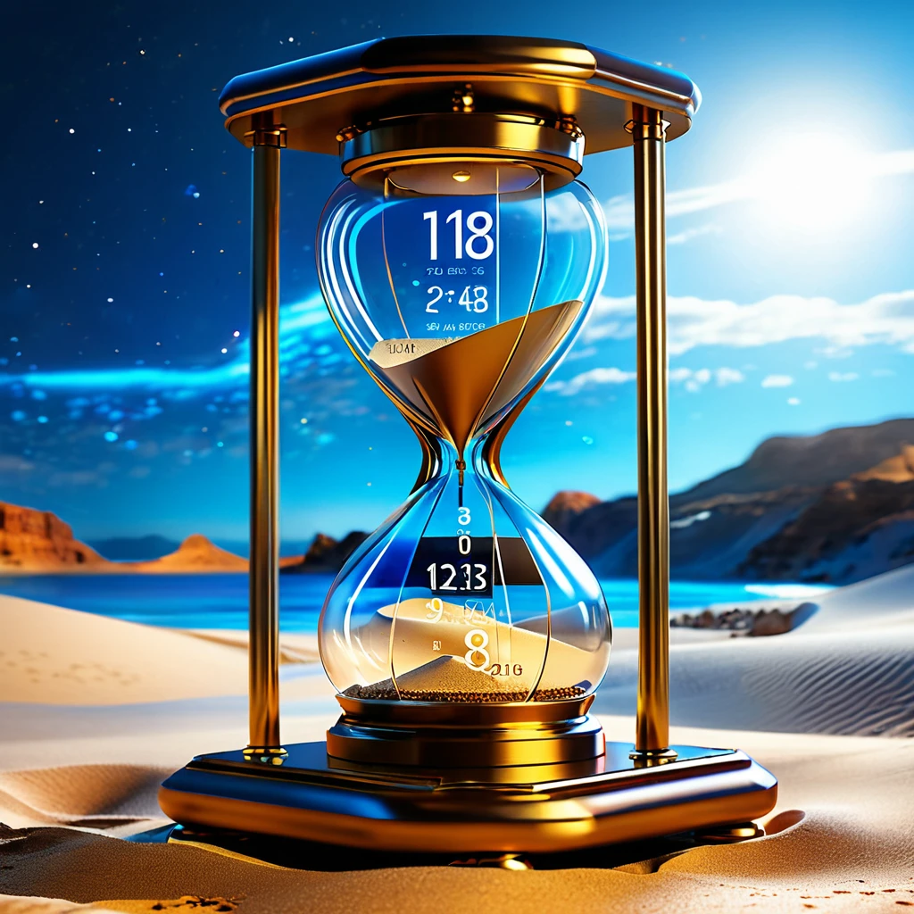 Explore the combination of futuristic technology and classic elements in stunning visuals.. Create a hyper-realistic digital calendar interface., like classic Microsoft Teams, goes well with an antique hourglass or vintage watch. Emphasize the harmony of past and future, thinking through every detail, from user interface elements to grains of sand in an hourglass, Incredibly realistic.