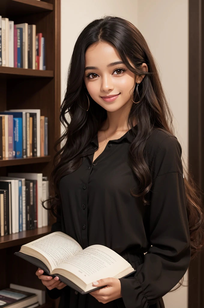 beautiful girl, smiling, brown eyes, long curly hair, black skin, in a black blouse, with a book in her hands