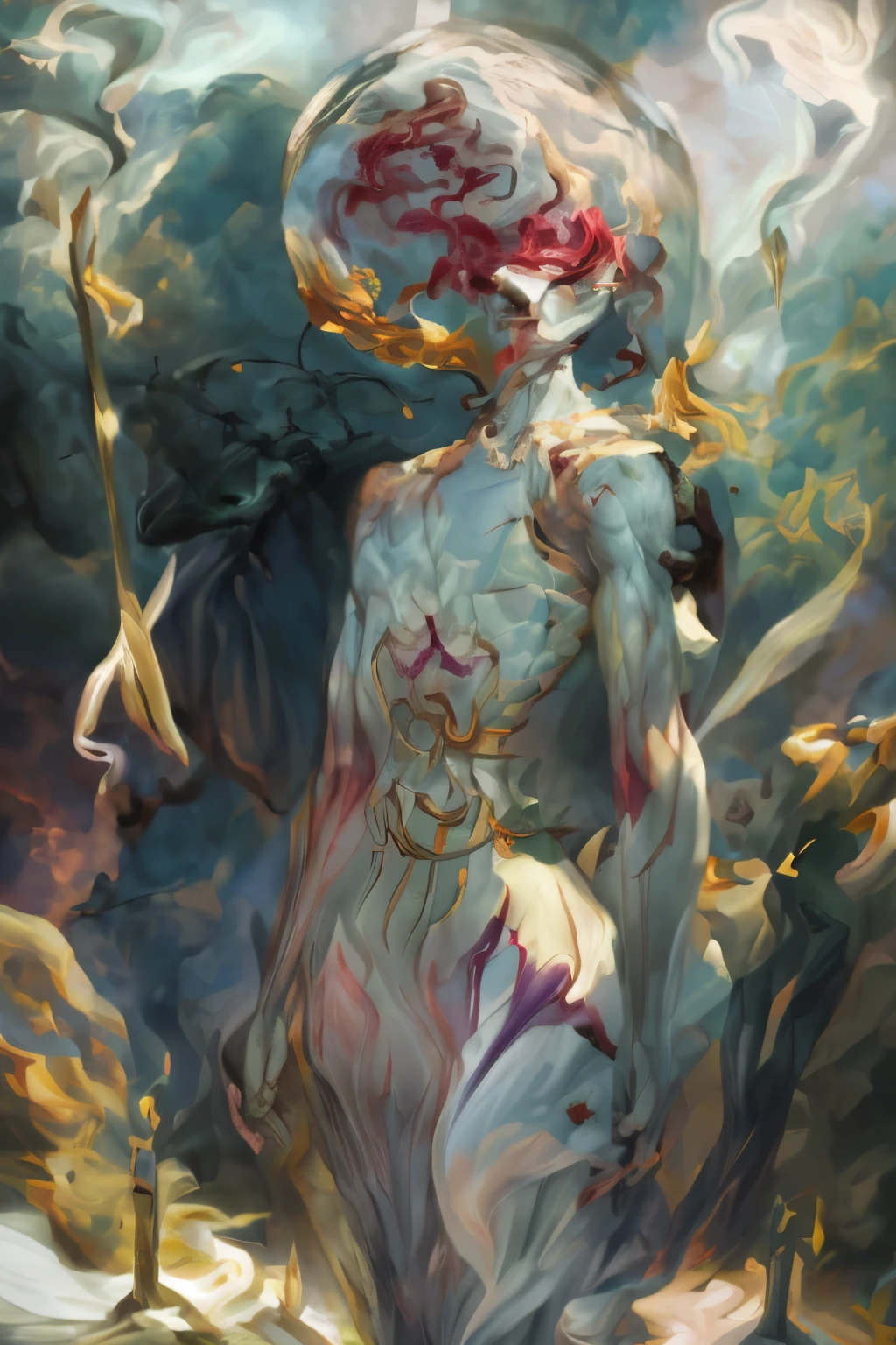 (((8k, very high resolution, masterpiece))), generate a high-resolution image of a wraith, a malevolent spirit that wanders through the mortal realm in search of souls to claim. The wraith should be depicted as a shrouded figure, its face obscured by a red rag, and its body wreathed in an ethereal, ghostly mist. The wraith should be holding a lantern that emits a spectral light, which it uses to guide the souls it deems unworthy to rest to their ultimate fate. The lantern is attached to one of his shrouded hand with a spiked chain, and should dangle under his stretched arm when pointing at the viewer.
The setting should be dark and eerie, depicting the wraith as a harbinger of death and despair. The background is an icy, dark cave, the light weak, mostly coming from the lantern of the spectre. The colors should be muted and ominous, with a focus on shades of red and blue. Use Stable Diffusion to ensure the generated image is visually consistent and coherent, with a high level of detail and realism.