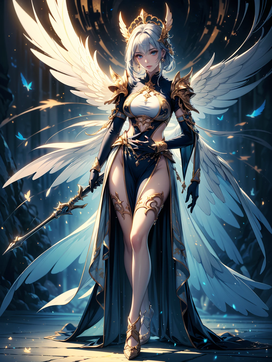 ((Top Quality, 8k, Masterpiece: 1.3)), arafed, dnd art, full body, aasimar (Masterpiece 1.3, intense details), cleric (Masterpiece 1.5, best quality), standing, casting a spell (Masterpiece 1.4, intense details), large angelic wings, white angelic wings spread (Masterpiece 1.3, intense details), fantasy temple background (Masterpiece 1.3, intense details), standing at dawn, sunlight, wearing white armor (Masterpiece 1.3, intense details), black high heeled boots, detailed accurate face, (Masterpiece 1.5, best quality), long hair, blue eyes, red hair, long hair, ponytail, celestial choker, symbol-shaped pupils, anatomically correct (Masterpiece 1.3, intense details), makeup, good smile, ultra-wide shot, silver hair, very long hair, wavy hair, jewelry, aqua eyes, makeup, god rays, cinematic lighting, glowing light, silhouette, from outside, photorealism, Wide-Angle, Ultra-Wide Angle, 8k, highres, best quality, high details