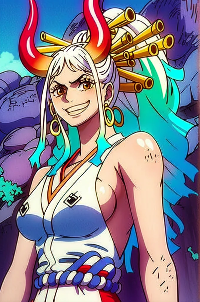 masterpiece, ((ultra detailed background, delicate pattern, intricate detail)), (highly detailed, fine details), best quality,beautiful lighting, (((medium breasts, slim girl, very slim girl))), (close-up, portrait),  YamatoV2, long hair, 1girl, horns, white hair, solo, oni, red horns, curled horns, hair ornament, (multicolored horns), jewelry, earrings, japanese clothes, kimono, hair stick, sleeveless, bare shoulders, aqua hair, sidelocks, hoop earrings, hakama, smile, wide smile, ((orange eyes)), complex detailed background, outside, nature environment, rocks, sunny, blue sky, sky, 