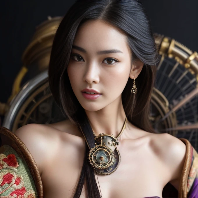 (Masterpiece:1.2), 1 beautiful young woman, Very detailed, Ultra high resolution, (realistic, photo realistic:1.37), Highly detailed RAW color photos, professional photos, Delicate and extremely beautiful, มีรายVery detailed, 8k wallpaper, miraculous, exquisite details, Big file size, มีรายVery detailed beautiful girl, มีรายVery detailed face, มีรายVery detailed eyes, มีรายVery detailed skin, มีรายVery detailed fingers, มีรายVery detailed nose, มีรายVery detailed mouth, perfect anatomy, highly detailed background, (Famous Japanese actresses:1.2), (make it better:1.1), (Flat chest:1.4), dynamic light, (Steampunk:1.45), full body, (Dragon embroidered kimono:1.3), black background, bare shoulders, (dynamic poses:1.5)