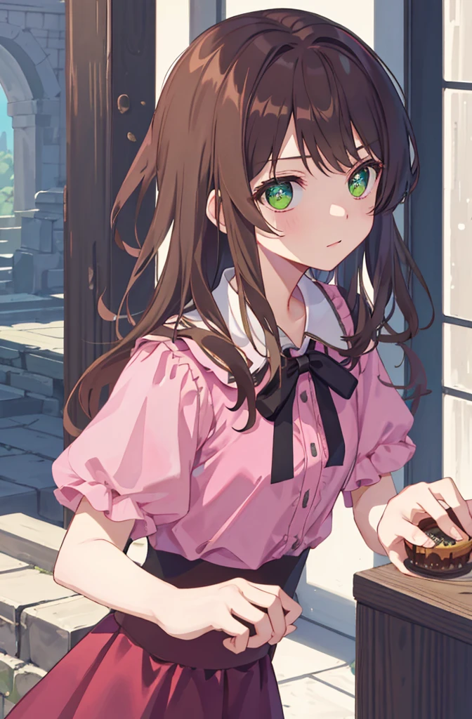 masterpiece quality,Highest Quality Assurance。brown hair、cute girl with green eyes。Tsundere,Wearing a short gothic skirt,exude magical power,pink dress,Naughty,adorable,during the day,white castle tower,Sacred,upper body,