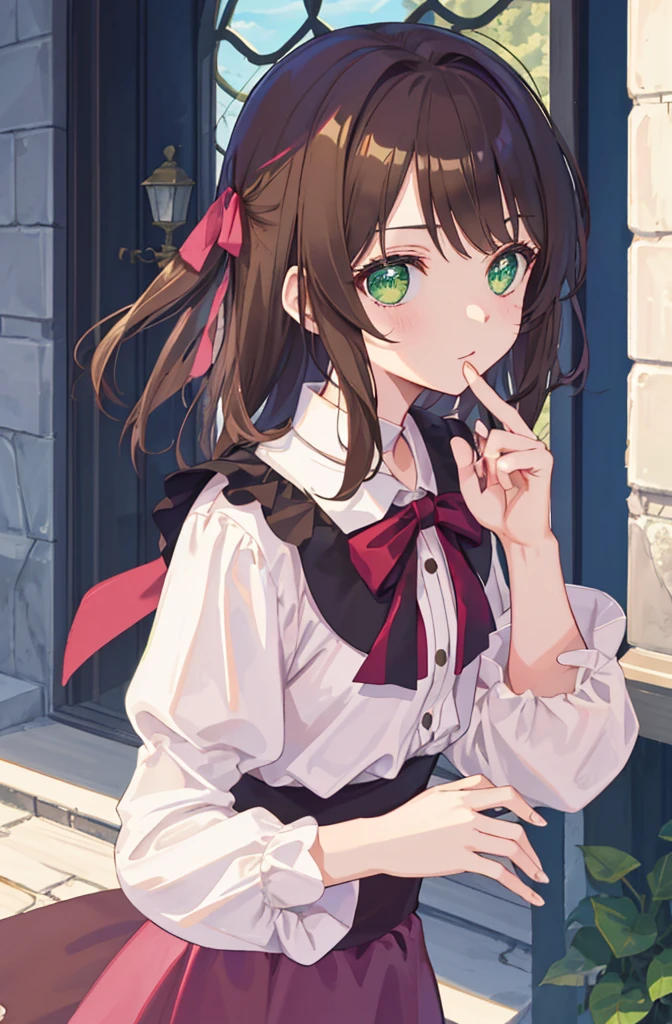 masterpiece quality,Highest Quality Assurance。brown hair、cute girl with green eyes。Tsundere,Wearing a short gothic skirt,exude magical power,pink dress,Naughty,adorable,during the day,white castle tower,Sacred,upper body,