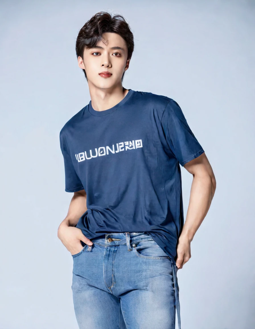 a [(((full body photo:1.4)))], of young and athletic swimmer body, (slightly muscular body), Korean man, pale color skin, (((black hair color:1.4))), using [(((casual clothes, blue jeans, young full T-shirt:1.6)))], character design sheet, [(((different poses:1.4)))], different angles, white background. ((shaved hair body)), 180 cm height