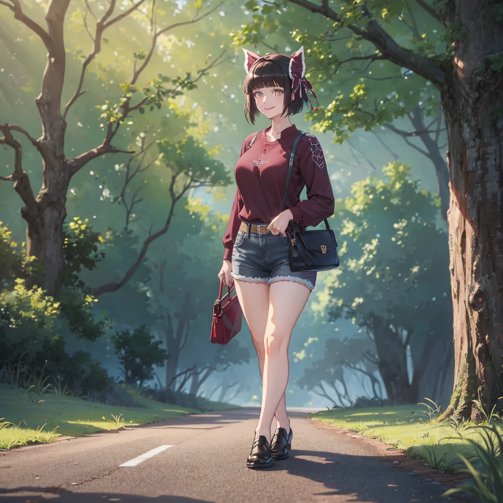 A woman wearing a casual burgundy shirt with a spider web design, with burgundy details, women's denim shorts, exposed thigh, walking on a wide road, with lots of spider webs in the trees, large breasts, green eyes, short black hair, burgundy bow over her hair, smiling, standing upright,UHD , prime work , accurate , anatomically correct , textured skin , super details , high quality , best quality, 8k, high resolution, bokeh effect. (woman alone)

