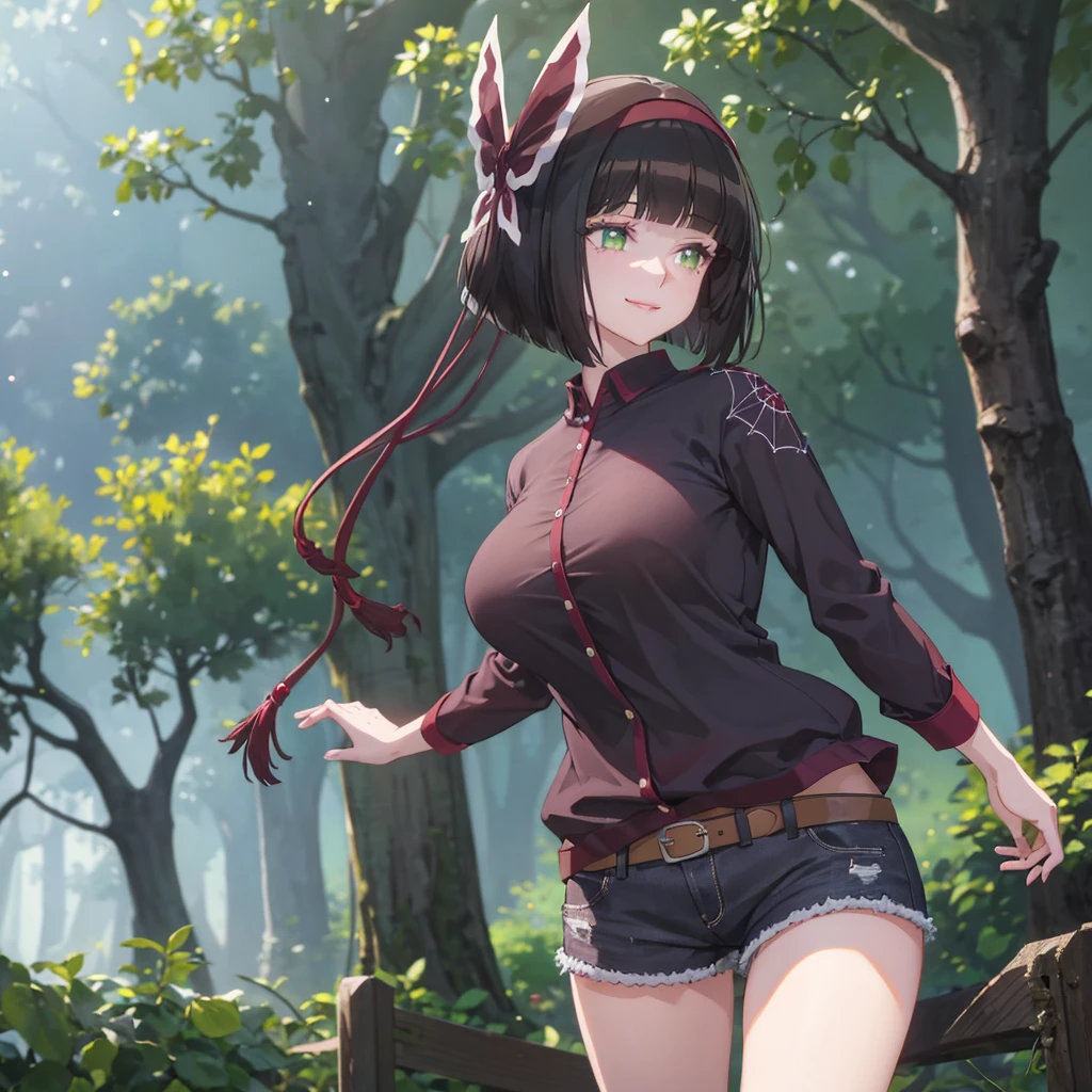 A woman wearing a casual burgundy shirt with a spider web design, with burgundy details, women's denim shorts, exposed thigh, walking on a wide road, with lots of spider webs in the trees, large breasts, green eyes, short black hair, burgundy bow over her hair, smiling, standing upright,UHD , prime work , accurate , anatomically correct , textured skin , super details , high quality , best quality, 8k, high resolution, bokeh effect. (woman alone)

