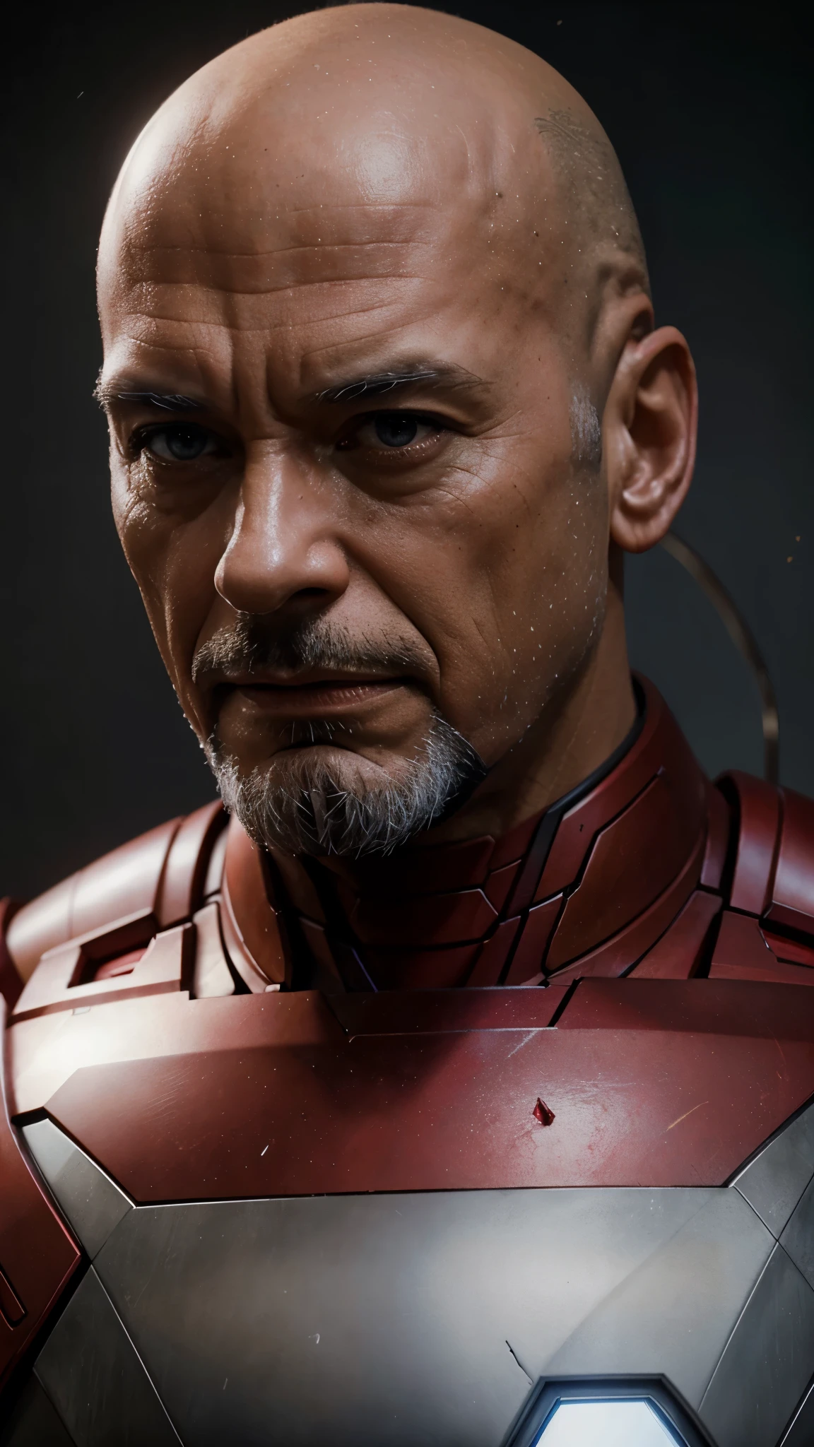 marvel, bald iron man, 50s, realistically, dynamic lights, old man, bald, short gray beard, full shot, (extremely detailed 8k CG unit wallpaper), trending on ArtStation, trending on CGSociety, high detail, focus sharp, dramatic, photorealistic