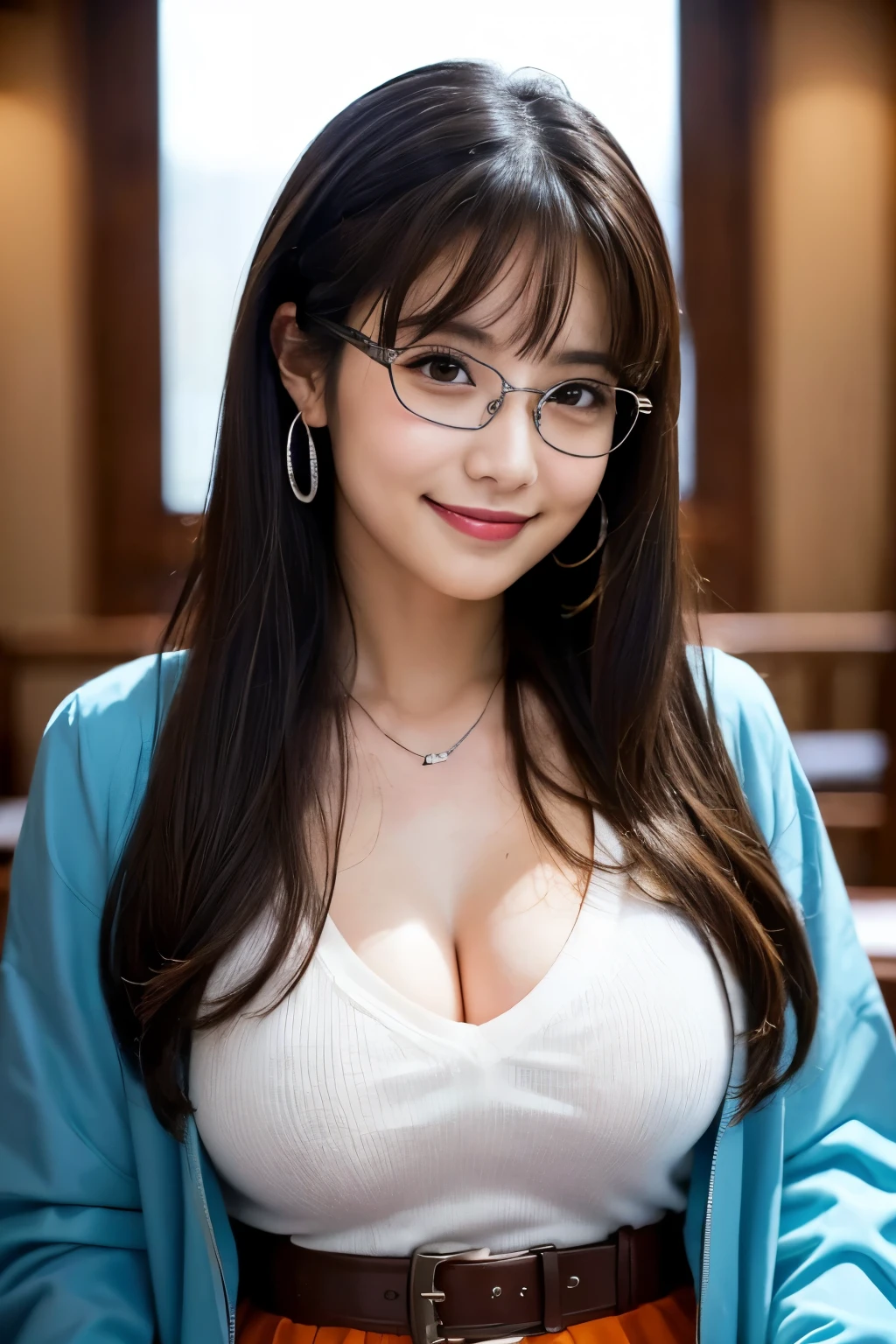 Beautiful Arafed woman,Glasses,Round face,Smiling Kindly,Fishbone hair with intricate braids,Shiny silver with orange interior color,See-through bangs,Big ample breasts,Have、Big ample breastsを強調した衣装を着Have.,Open jacket,Tight Skirt,hairpin,necklace,Earrings,Library Rin々Sit Properly,(Professional Lighting),(In 8K,Tabletop,Highest quality,Ultra-high resolution output images,),(Ultra HD with Intricate Detail Picture Mode),Depth of written boundary,Beautiful Hands,Beautiful fingers,Detailed finger features,(Detailed hair features:1.7),Detailed facial features,Detailed clothing features, Dynamic and sexy pose,Super sexy angle,(Composition centered on face:1.3)