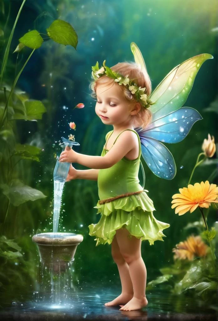  fairy gracefully watering a flower,full body,magic background 