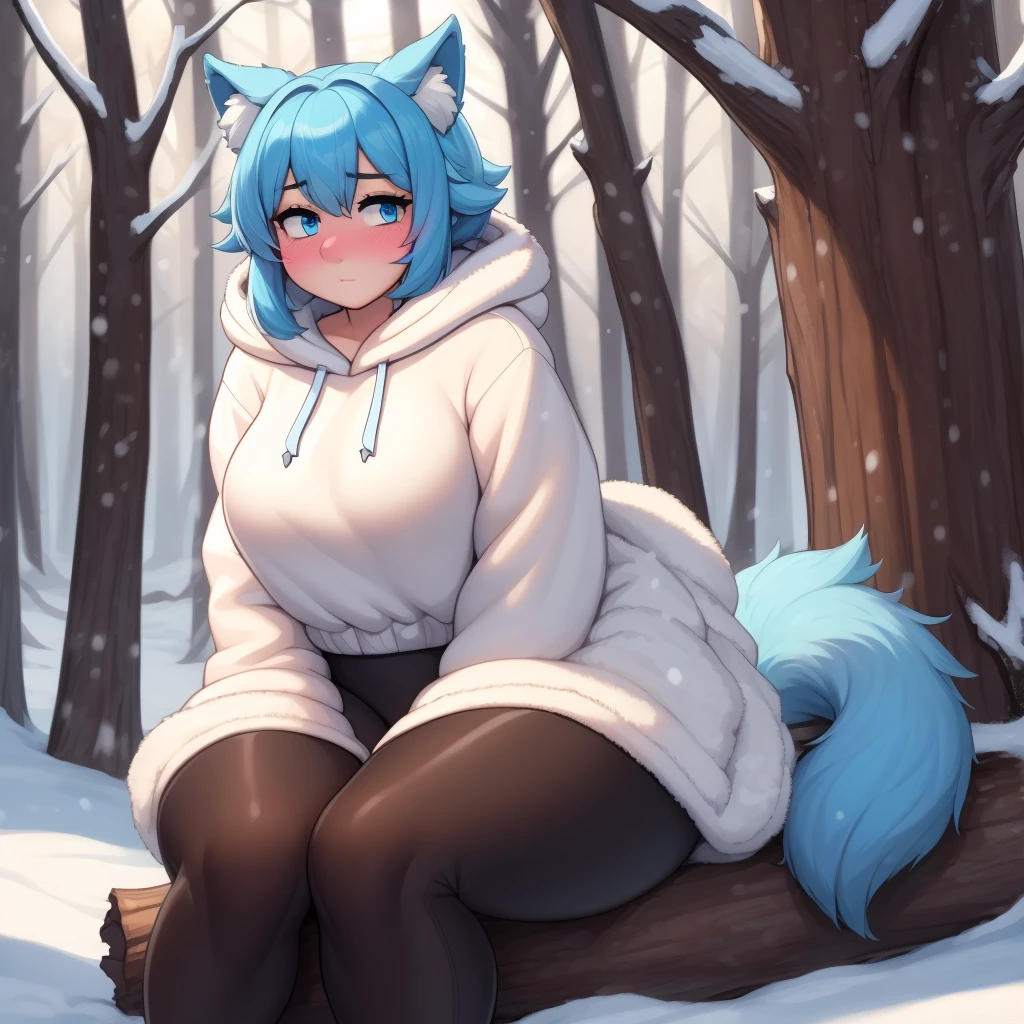 (Masterpiece) (High Detail) (High Res) A close up of a short humanoid girl with pale human skin and blue eyes and long blue hair and blue dog ears and a fluffy blue dog tail and average breasts. She is sat on a fallen tree log in a snowy forest and is wearing a big oversized Polar Bear Fur fluffy white fluffy fur coat with a furry fluffy white hood. She is also wearing black leggings and fluffy brown fur boots. She has her hands behind her back out of shot. She has blushing cheeks and looks shy.