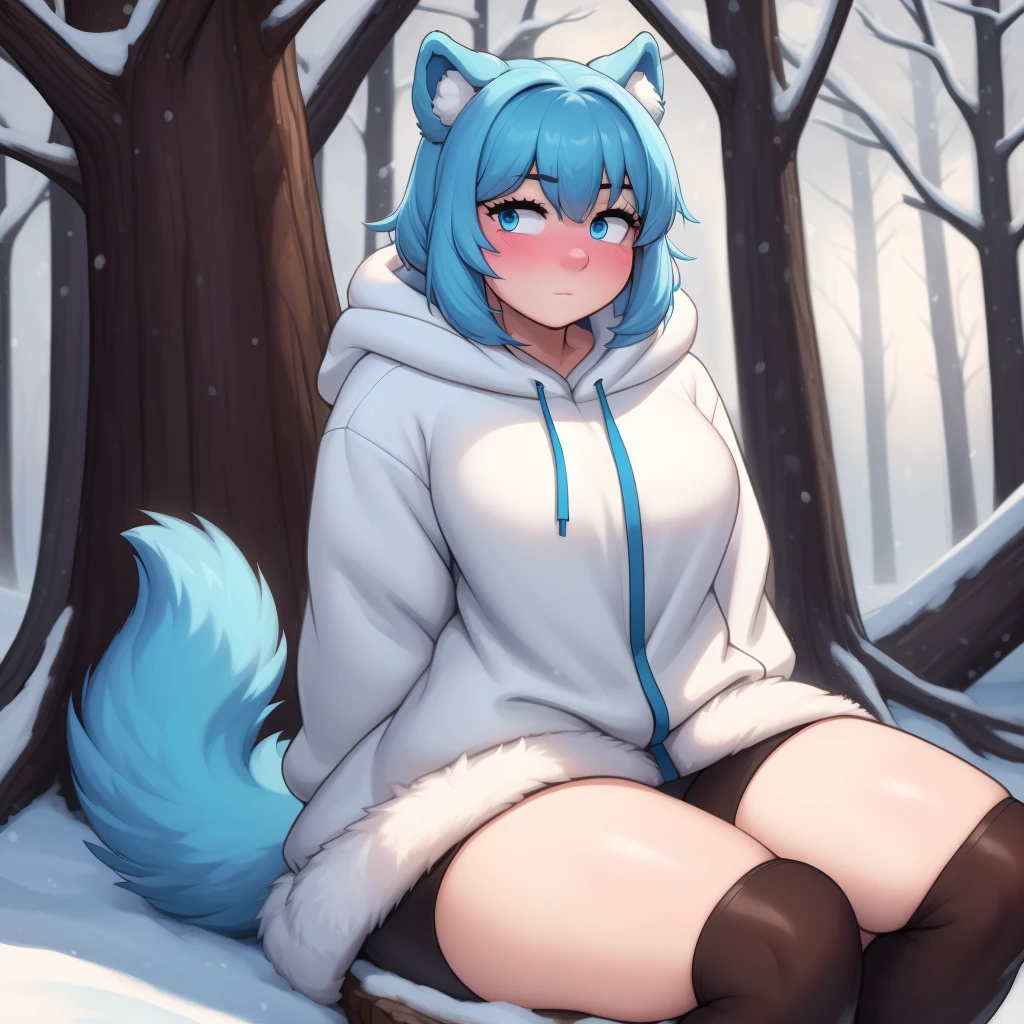 (Masterpiece) (High Detail) (High Res) A close up of a short humanoid girl with pale human skin and blue eyes and long blue hair and blue dog ears and a fluffy blue dog tail and average breasts. She is sat on a fallen tree log in a snowy forest and is wearing a big oversized Polar Bear Fur fluffy white fluffy fur coat with a furry fluffy white hood. She is also wearing black leggings and fluffy brown fur boots. She has her hands behind her back out of shot. She has blushing cheeks and looks shy.