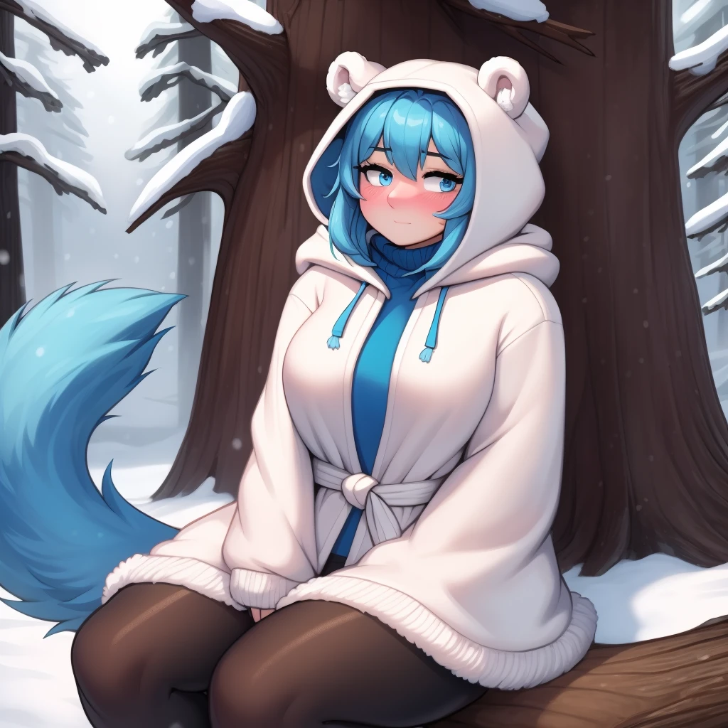 (Masterpiece) (High Detail) (High Res) A close up of a short humanoid girl with pale human skin and blue eyes and long blue hair and blue dog ears and a fluffy blue dog tail and average breasts. She is sat on a fallen tree log in a snowy forest and is wearing a big oversized Polar Bear Fur fluffy white fluffy fur coat with a furry fluffy white hood. She is also wearing black leggings and fluffy brown fur boots. She has her hands behind her back out of shot. She has blushing cheeks and looks shy.