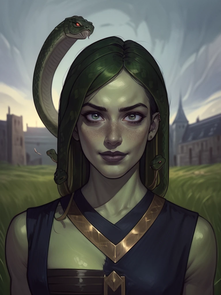 A young androgynous female veraoberlin. Fantasy setting. (((snake hair))). Green skin with freckles and liverspots. Round soft face. Round soft chin. Round soft cheeks. Curved lips. Long wide nose. Dark brown eyecolour. Very thin barely visible eyebrows. Long neck. Slim. Looking kind and friendly. ((Convey your fearsome and terrifying nature in every detail)). Unearthly beauty with a ((pale skin)), ((mischievous expression in her smile and piercing eyes)). Wearing a ((black)) medieval fantasy bra. In An open field. Its winter but the sun is shining. Blue sky. | (8k, RAW photo, best quality, masterpiece:1.2), ultra-detailed, (high detailed skin:1.2), 8k uhd, dslr, soft lighting, high quality, (centered:1.2), ((LOOKING at the VIEWER)), asura, film grain, highly detailed shading, ((perfect_hands):1), Goodhands-beta2, Detailed eyes, perfect face, perfect eyes, Detailed face, ((a manga drawing by Kentaro Miura)),