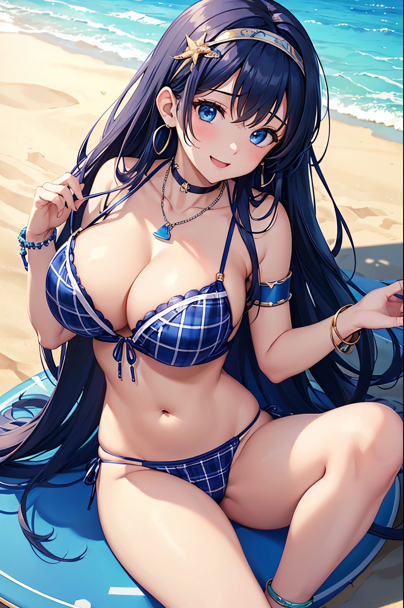 Highest quality、Highest quality、masterpiece、(8K),Beauty(Age 25)、Navy blue long hair、blue eyes、Sexy Bikini(Plaid)、Big cleavage、(Big Breasts)、smile、blue necklace、Blue Earrings、background(Beach)、Please open your mouth wide、White headband、bracelet、Chest-pushing pose、Blue choker