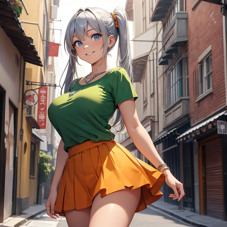 (masterpiece image, very detailed image, best high quality high definition image High very detailed Quality image, Very detailed high quality image), 1 solo character with multiple views
Norse girl, absolute beauty, 24 years old, fair skin, blue eyes, ???? beauty features, straight short golden spiky hair tied in two shorter little pigtails with silver hairpins, voluptuous body, ???????????, round ????, beautiful legs, beautiful, smiling cheerful face and happy, (wears an orange miniskirt, green t-shirt, silver necklace)
She's walking around a modern half medieval street city