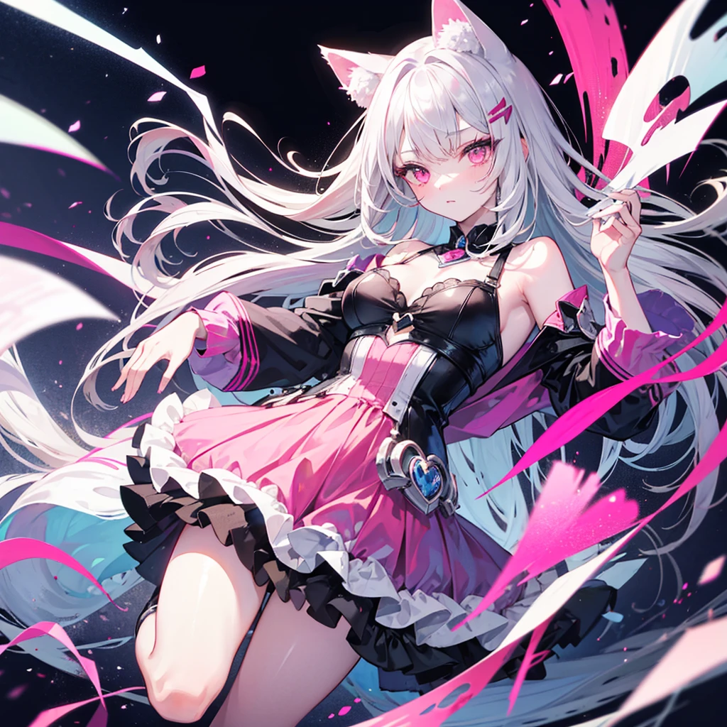 dress, pink eyes, silver hair,  sexy, cat ears, sexy pose, long hair
