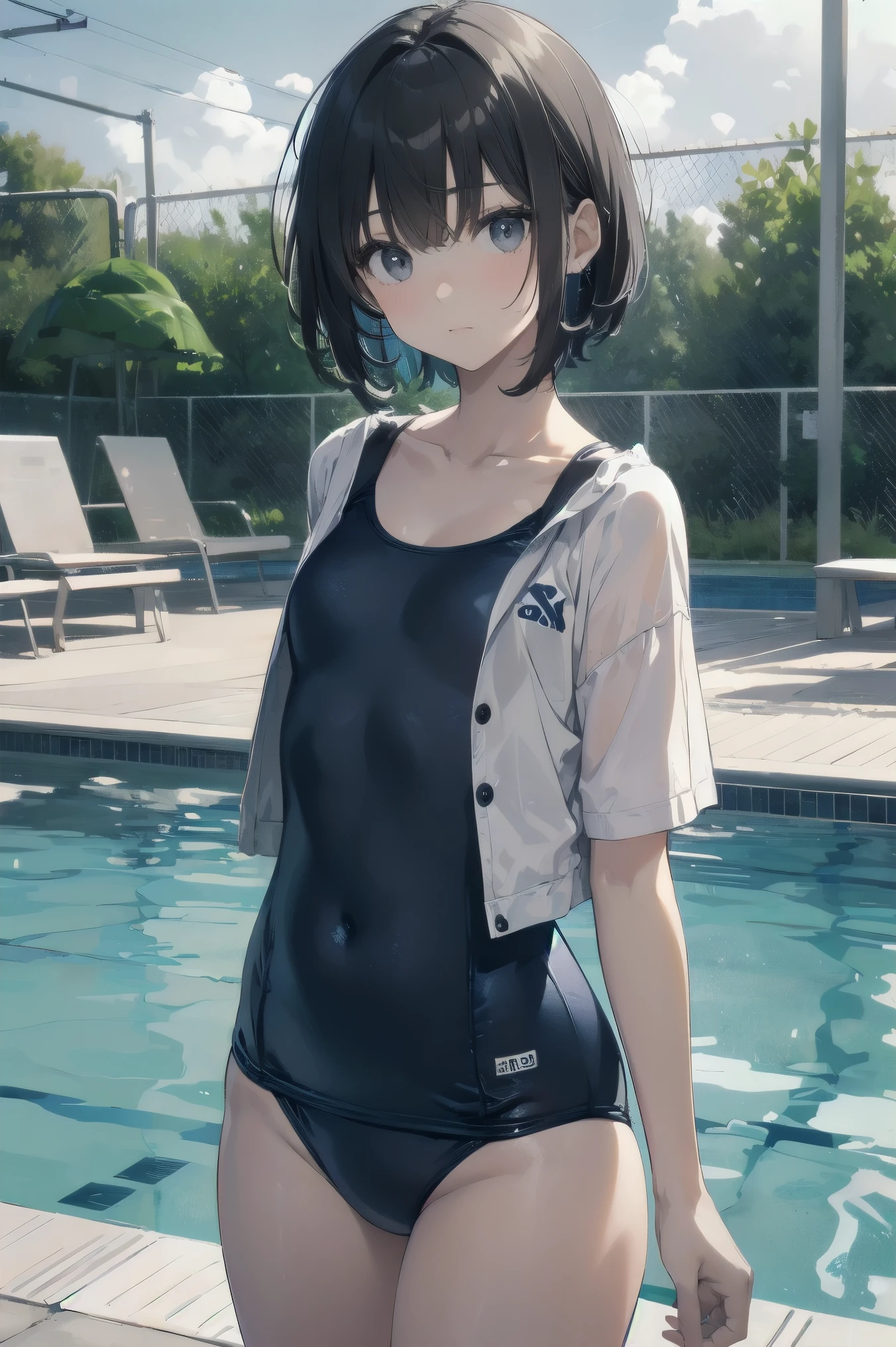 high quality、最high quality、Ultra-high resolution、Slender beauty、School Swimsuit、Gray Hair、Dark Eyes、short hair、Embarrassed look、Droopy eyes、Poolside