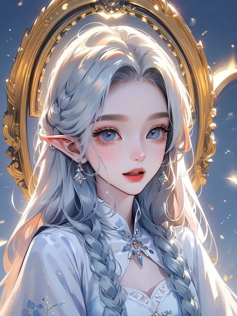 ((Highest quality)), ((masterpiece)), (detailed), One girl, The background is nature、The weather was sunny.、Silver hair straight long hair、Half Up、Parallel thin eyebrows、Double droopy eyes、Thin lips、Small nose、Blue Eyes、Long eyelashes、Delicate appearance、Illustration seen from the front、A big smile with an open mouth、White dress、Elf、Fantastic illustrations、Highlights are 7 colors、The light is on my face