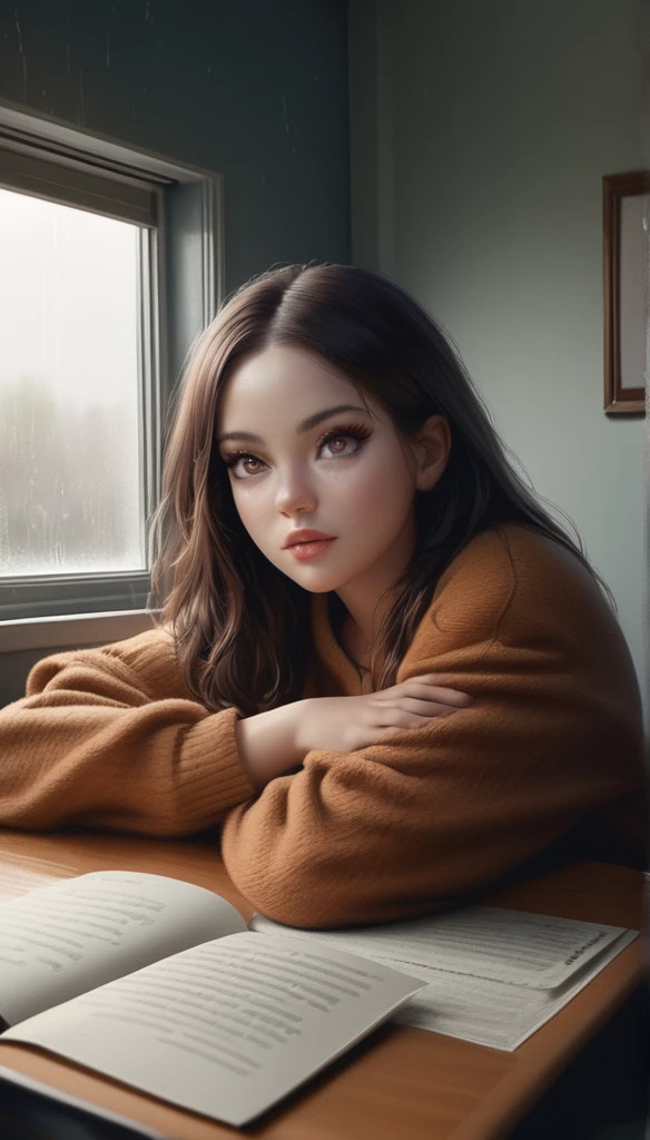 a girl studying at a desk, rain in the window, cute clothes, cozy ambiance, (best quality,4k,8k,highres,masterpiece:1.2),ultra-detailed,(realistic,photorealistic,photo-realistic:1.37),detailed face, beautiful detailed eyes, beautiful detailed lips, extremely detailed eyes and face, long eyelashes, focused expression, indoor setting, warm lighting, window view, rainy day, study room, desk, books, warm colors, soft lighting