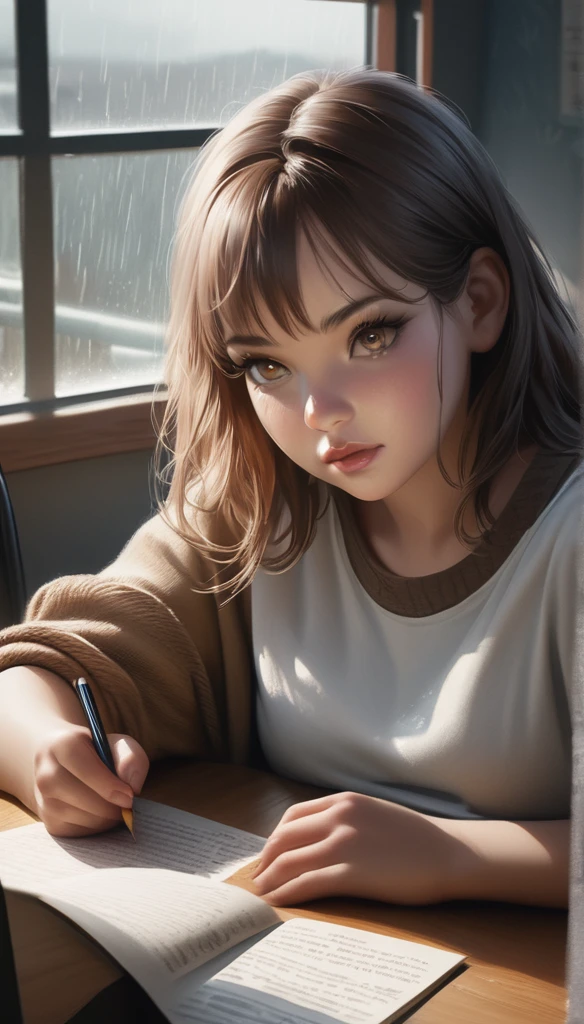 a girl studying at a desk, rain in the window, cute clothes, cozy ambiance, (best quality,4k,8k,highres,masterpiece:1.2),ultra-detailed,(realistic,photorealistic,photo-realistic:1.37),detailed face, beautiful detailed eyes, beautiful detailed lips, extremely detailed eyes and face, long eyelashes, focused expression, indoor setting, warm lighting, window view, rainy day, study room, desk, books, warm colors, soft lighting