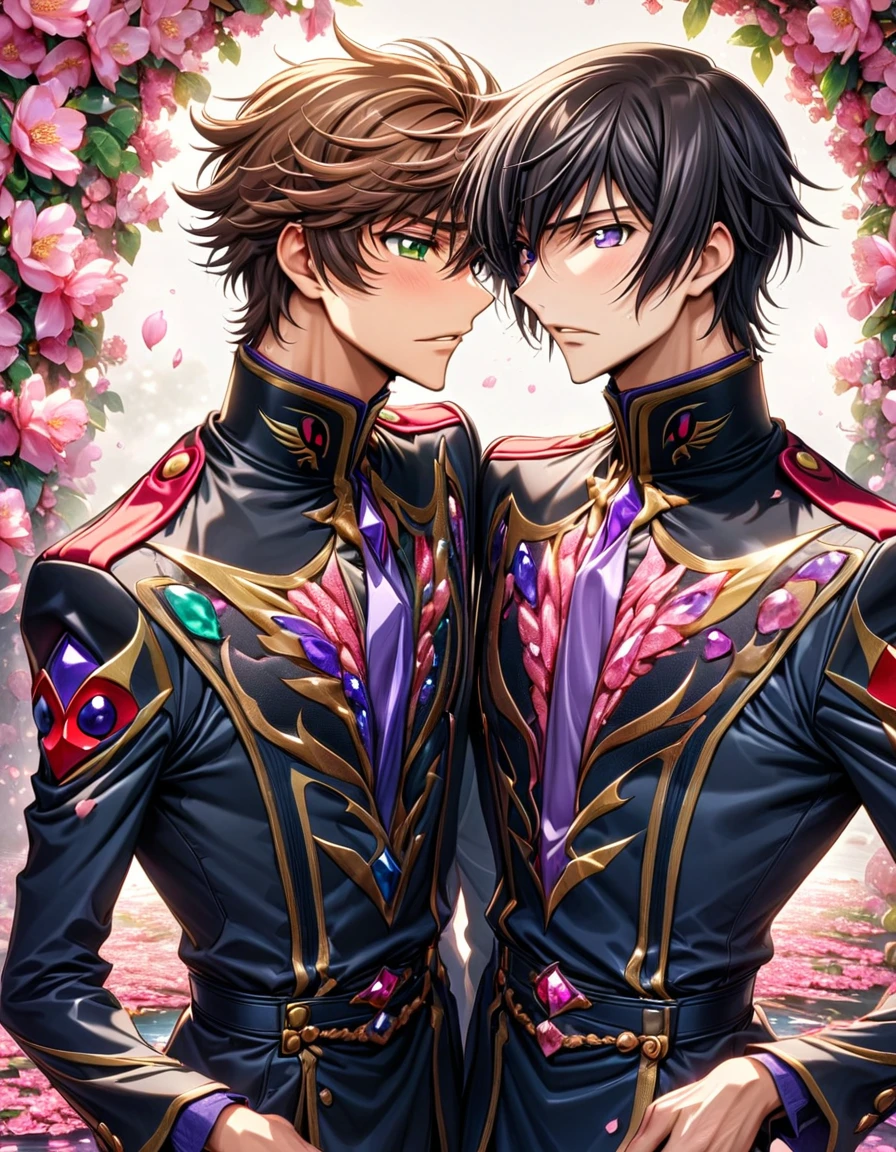 absurdres, highres, ultra detailed, HDR, master piece, best quality, Lelouch Lamperouge, black hair, expressive purple eyes, Code Geass, Kururugi Suzaku, brown hair, expressive green eyes, two sexy men together, yaoi, gay couple, handsome, black military uniform, fantasy, shining, pink flowers, pink blossoms, water, pink petals