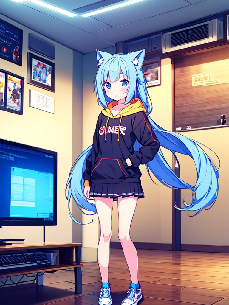 1 beautiful girl, great image quality ,nekomimi, with lots of detail, ray tracing, in a gaming,outfit hoodie, short pleated mini skirt, gamer, long stockings, blue eyes, blue hair, , in a neon room, PC gaming, perfect anatomy, full body.