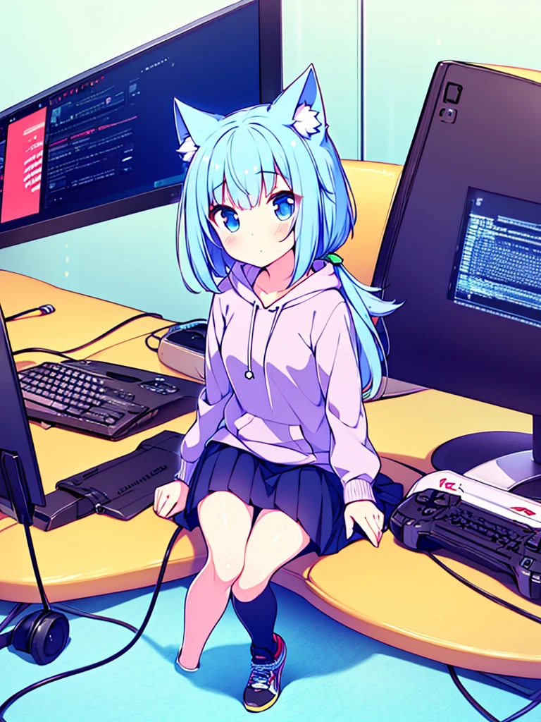 1 beautiful girl, great image quality ,nekomimi, with lots of detail, ray tracing, in a gaming,outfit hoodie, short pleated mini skirt, gamer, long stockings, blue eyes, blue hair, , in a neon room, PC gaming, perfect anatomy, full body. 