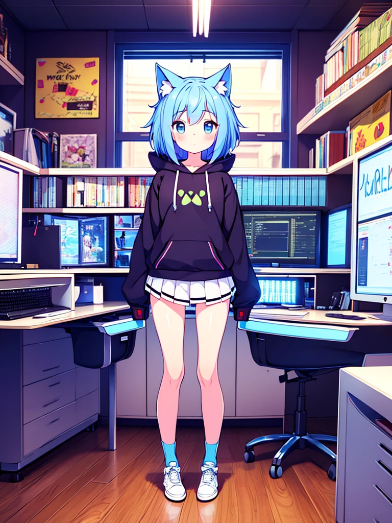 furry,furry woman, blue hair, hoodie, thigh highs,