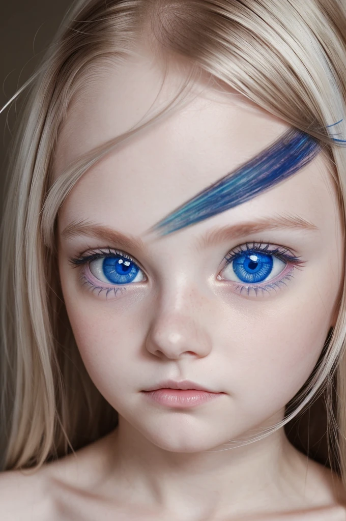 Create an albino girl with heterochromia (let the right eye be blue and the left eye brown)