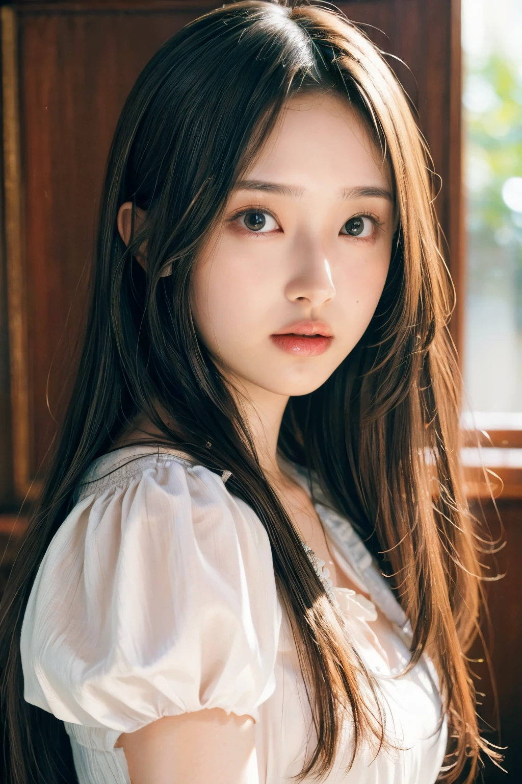 (realistic, photo-realistic:1.4), (best quality,masterpiece:1.2), RAW photo,high resolution,intricate details, extremely detailed, insanely detailed, soft light, cinematic lighting, (portrait, upper body, frontal photography:1.8), solo,1girl, a 19yo female idol, (blouse,skirt:1.2), beautiful detailed eyes, detailed face, pale skin, fine-textured skin,dark hair,(straight hair, forehead:1.3), photo background, indoors,,,[Nagi Inoue, Nogizaka46 5th generation],