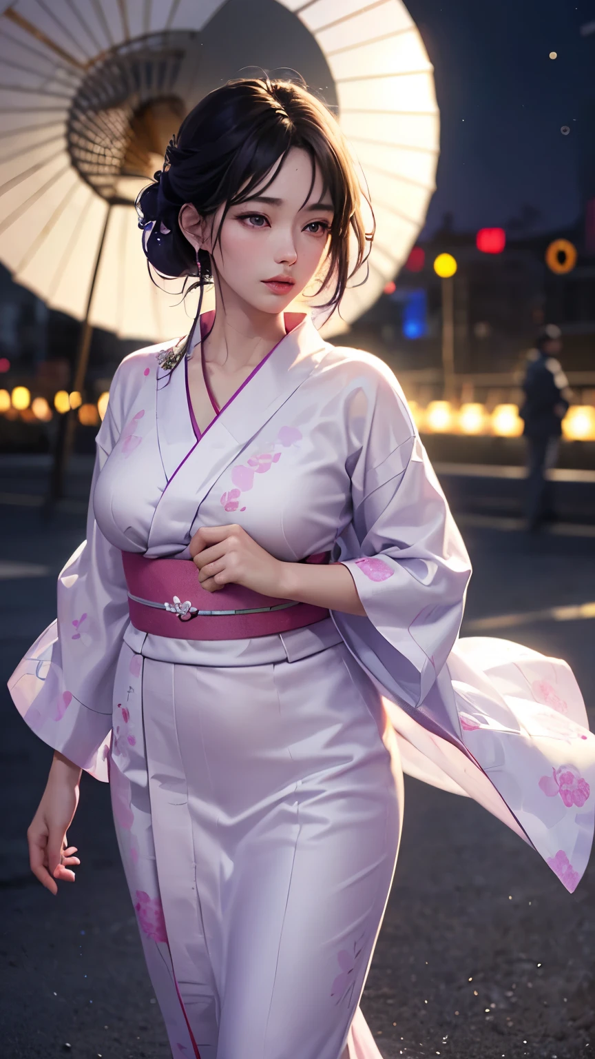 (logo、masterpiece、8K、Tabletop、RAW Photos、wonderful、最high quality、フォトリアリスティックでVery detailedな CG 複合 8K 壁紙、high quality、Very detailed、Narrative poem、Particle Effects、Dynamic Effects、Depth of the Boundary、Cinematic Light、Lens flare、Ray Tracing)、 (One beautiful woman wearing a yukata、White yukata、Light purple pattern)、Black-haired、High definition skin、Very fine、Fine skin texture、Beautiful Face、True Face、Beautiful details in the eyes、Realistic eyes、Beautifully detailed eyes、Realistic Skin、Beautiful Skin、Surreal、Smiling Eyes、Hair and light eyes、vivid、Colorful lights and bokeh、plump lower lip、Pink Lips、Hair flutters in Wind、Hair bounces、wonderful景色、night、evening、Wind、moonlight、moonlight、light
