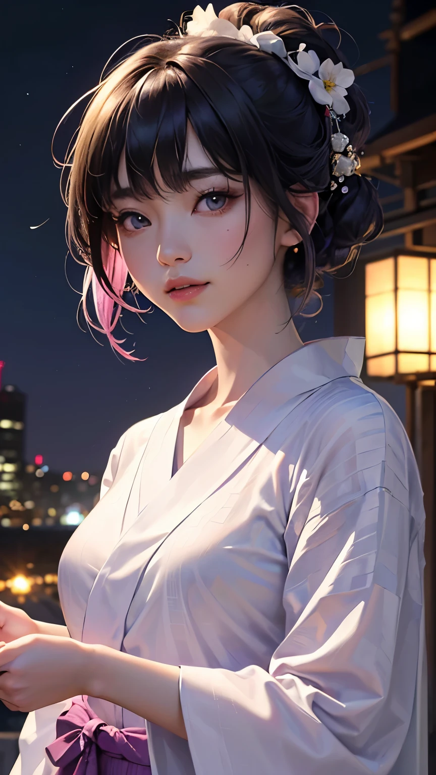 (logo、masterpiece、8K、Tabletop、RAW Photos、wonderful、最high quality、フォトリアリスティックでVery detailedな CG 複合 8K 壁紙、high quality、Very detailed、Narrative poem、Particle Effects、Dynamic Effects、Depth of the Boundary、Cinematic Light、Lens flare、Ray Tracing)、 (One beautiful woman wearing a yukata、White yukata、Light purple pattern)、Black-haired、High definition skin、Very fine、Fine skin texture、Beautiful Face、True Face、Beautiful details in the eyes、Realistic eyes、Beautifully detailed eyes、Realistic Skin、Beautiful Skin、Surreal、Smiling Eyes、Hair and light eyes、vivid、Colorful lights and bokeh、plump lower lip、Pink Lips、Hair flutters in Wind、Hair bounces、wonderful景色、night、evening、Wind、moonlight、moonlight、light