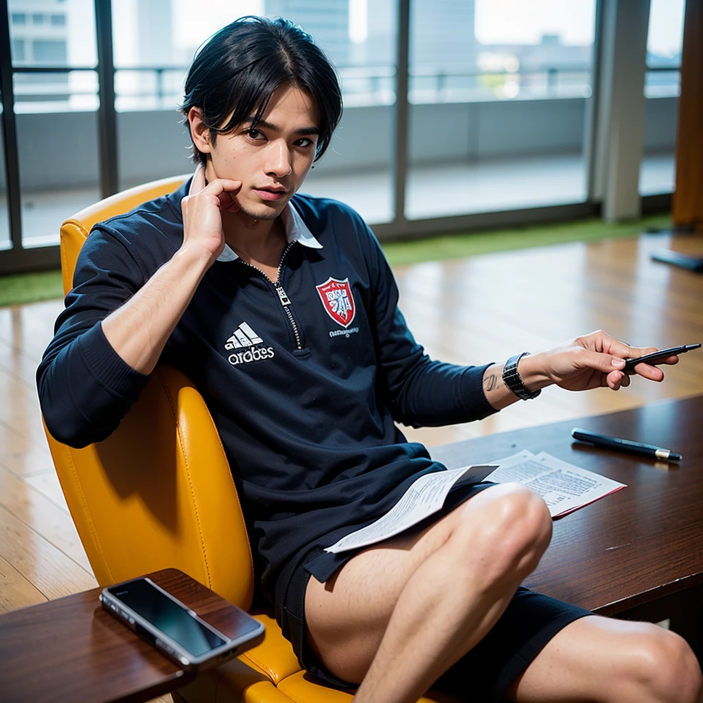Create an ultra-realistic image of a young football player signing a contract with Flamengo in Rio de Janeiro. The player is sitting at the table, holding a pen and looking directly at the camera. He has vibrant blue hair and a vibrant blue beard., and is wearing a black zip-up jacket. Ao fundo, a panel with the logos of Flamengo and its sponsors, highlighting the importance of the moment of signing the contract with the club.