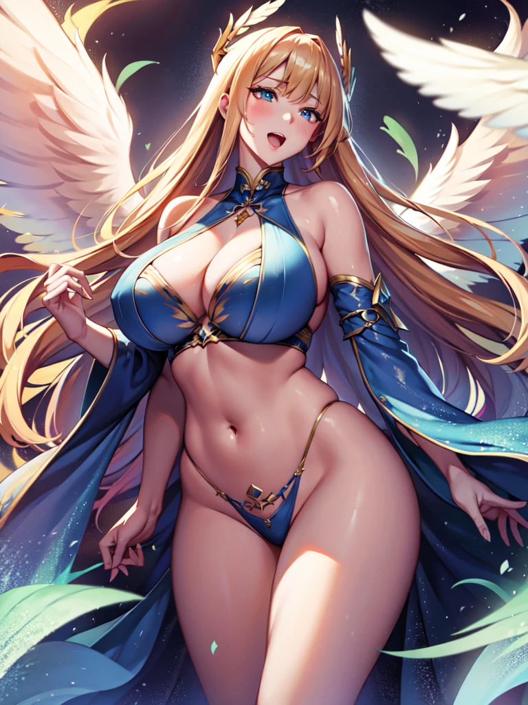 最high quality, high quality, 8K、High resolution,Highest quality、solo、大喜びをしている胸に翼のある白いビキニ姿のtallのadult female angel、belly button、Thighs、tall、super Wide Angel, Open Mouth Smile、Thighs、Naturally Shaped Fingers、Long neck、from the front、Looking at this、belly button、Blonde hair and blue eyes、Majestic Angel, Anime Goddess, Wide Angel, thick, Beautiful and attractive anime woman, Huge and stunning goddess shots, Angel Adult Woman, adult female angel, She has angel wings on her back,Highly detailed goddess shot