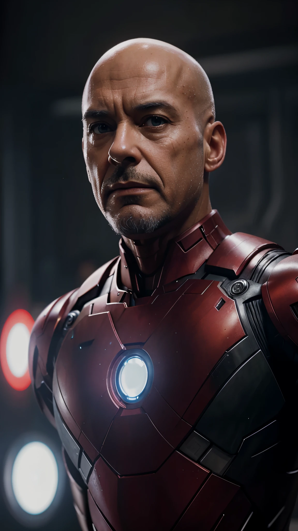 marvel, bald iron man, 50s, realistically, dynamic lights, old man, bald, short gray beard, full shot, (extremely detailed 8k CG unit wallpaper), trending on ArtStation, trending on CGSociety, high detail, focus sharp, dramatic, photorealistic