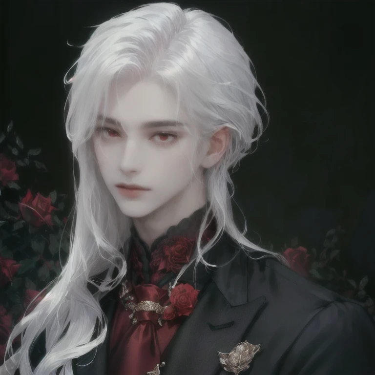 (((SAME HAIR SAME BANGS SAME OUTFIT)))) (SEDUCTIVE EYES MALE)(((RED RED EYES, ROSES, MALE)))((GENTLEMAN OUTFIT))(((very very glowing white hair)))((sharp jawline))(((same bangs)))(very pale skin super pale skin)(((BUSINESS OUTFIT VERY BUSINESS OUTFIT)))(((same exact hair but very white)))((oldfashioned wear gentleman))(((wavy hair tip)))((sinewy))