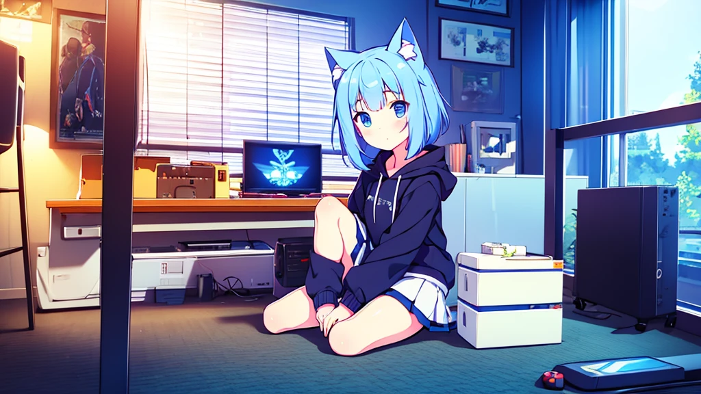 1 beautiful girl, great image quality ,nekomimi, with lots of detail, ray tracing, in a gaming,outfit hoodie, short pleated mini skirt, gamer, long stockings, blue eyes, blue hair, , in a neon room, PC gaming, perfect anatomy, full body. 