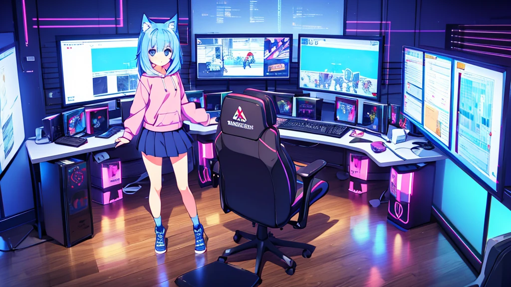 1 beautiful girl, great image quality ,nekomimi, with lots of detail, ray tracing, in a gaming,outfit hoodie, short pleated mini skirt, gamer, long stockings, blue eyes, blue hair, , in a neon room, PC gaming, perfect anatomy, full body.