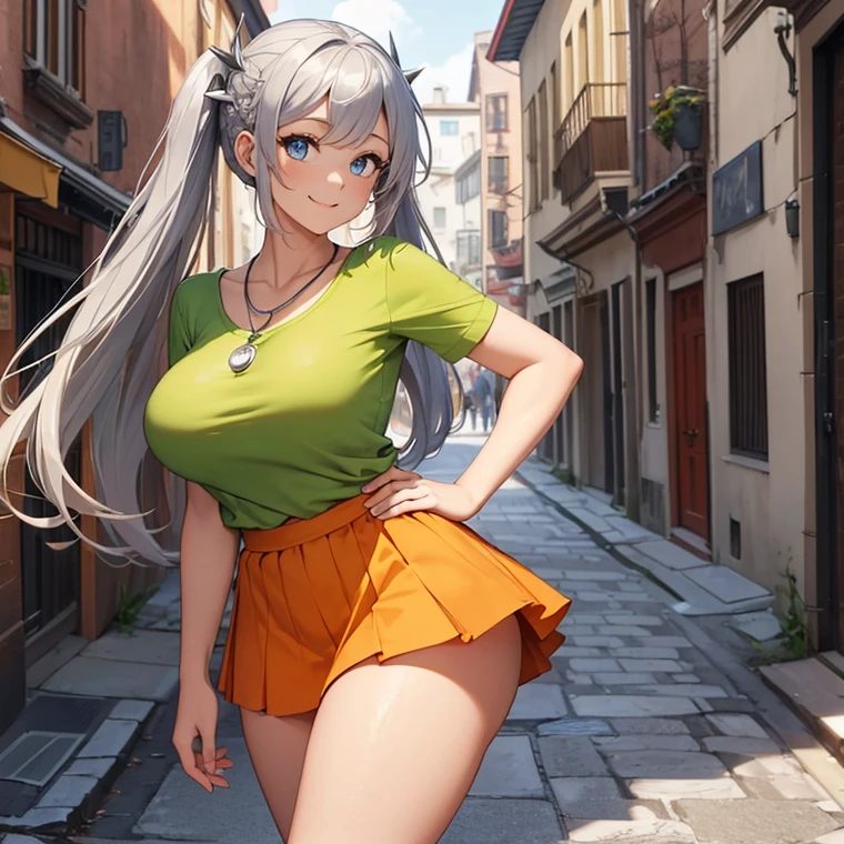 (masterpiece image, very detailed image, best high quality high definition image High very detailed Quality image, Very detailed high quality image), 1 solo character with multiple views
Norse girl, absolute beauty, 24 years old, fair skin, blue eyes, sexy beauty features, straight short golden-blonde spiky hair tied in two shorter little pigtails with silver hairpins, voluptuous body, big breasts, round butt, beautiful legs, beautiful, smiling cheerful face and happy, (wears an orange miniskirt, green t-shirt, silver necklace)
She's walking around a modern half medieval street city
