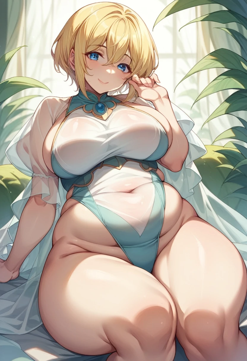 (One girl)、(short hair)、((Blonde))、(Sato Air)、((Big super breasts))、((Chubby))、beautiful girl、((Big thighs))、((Hanekge))、Blue Eyes、White leotard、(Princess Knight)、Bangs between the eyes、smile、((see-through))