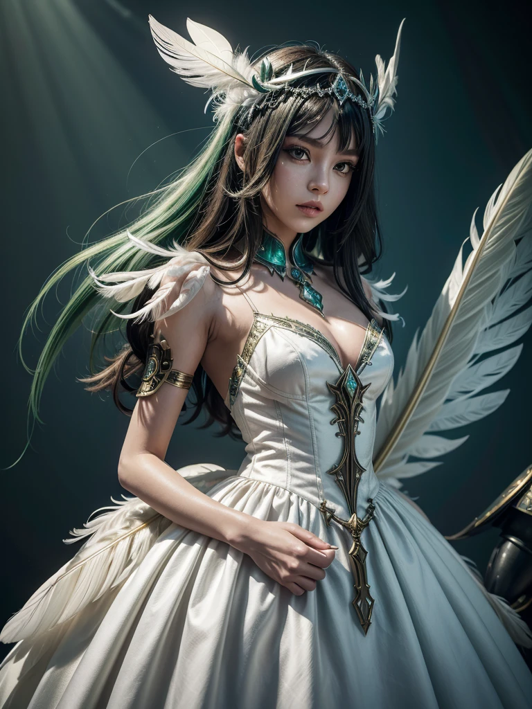 jade is a warframe with a white dress style with fabric with feather details, metallic body with white tiara with jade aura feathers, mask green, mix steampunk with futuristic