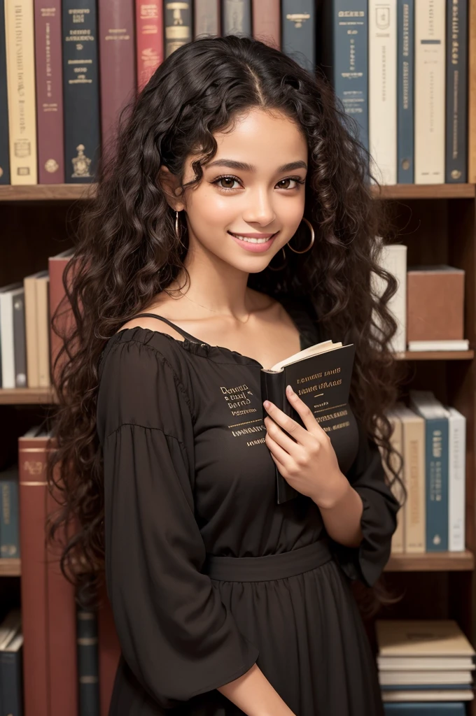 beautiful girl, smiling, brown eyes, long curly hair, mulatto skin, with black blouse, with a book in her hands
