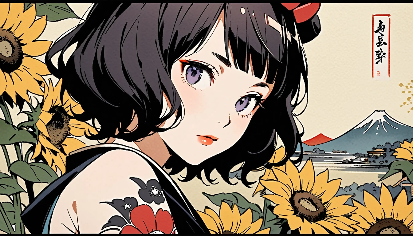 Katsushika Hokusai, Ink Painting, sunflower, flower tattoo on shoulder, Girl, Black short hair, Delicate and precise, Modern ukiyo-e style,