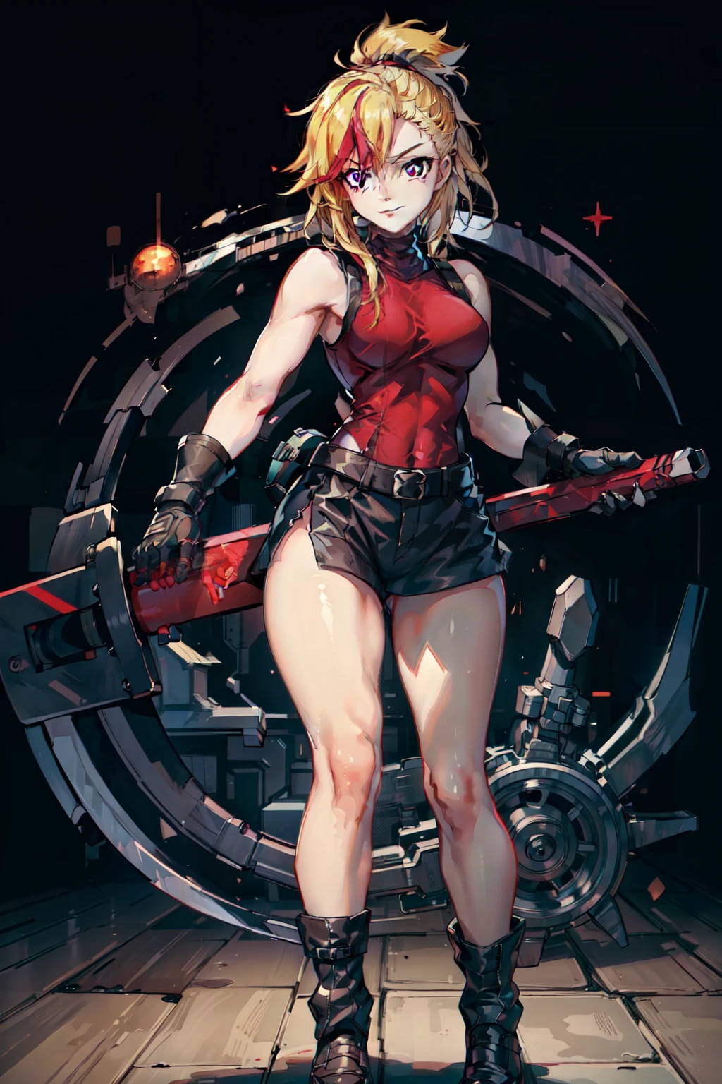 (masterpiece, best quality:1.2), red glowing eyes, red eyes, the eyes are red, perfect face, highres, 1 girl, solo, ultra long ponytail, (female:1.5), strife, blonde hair, shoulder armor, sleeveless turtleneck, suspenders, belt, gloves, bracer, evil smile, standing, portrait, looking at viewer, giant sword on the back, long leather boots, fullbody shot