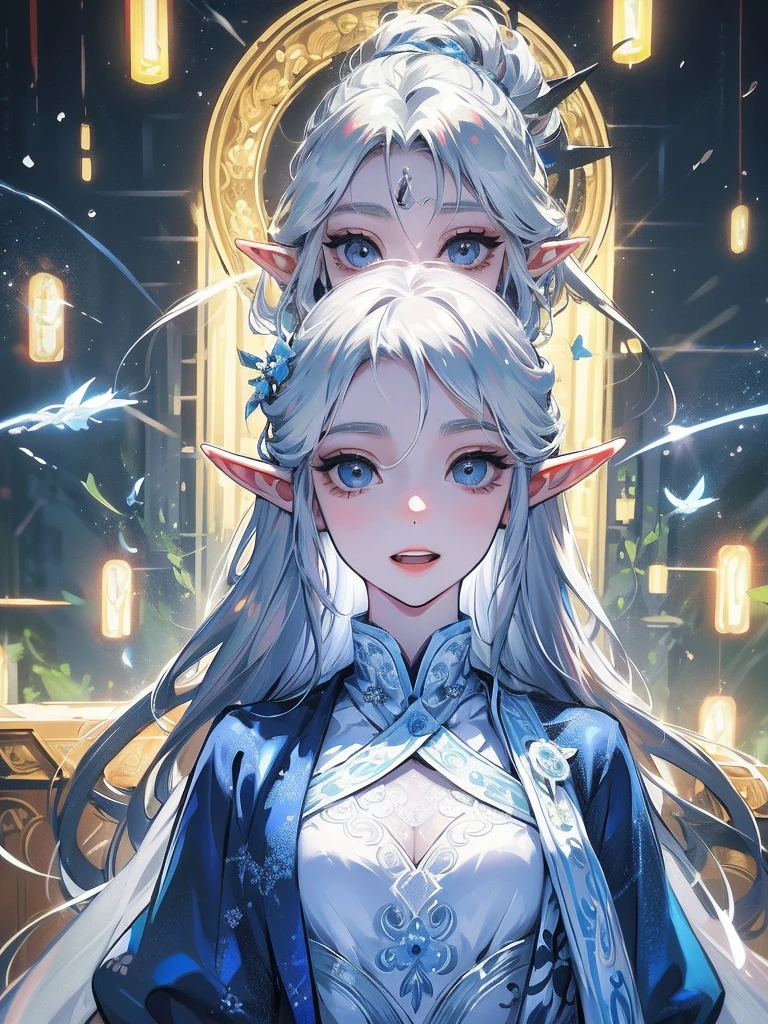 ((Highest quality)), ((masterpiece)), (detailed), One girl, The background is nature、The weather was sunny.、Silver hair straight long hair、Half Up、Parallel thin eyebrows、Double droopy eyes、Thin lips、Small nose、Blue Eyes、Long eyelashes、Delicate appearance、Illustration seen from the front、A big smile with an open mouth、White dress、Elf、Fantastic illustrations、Highlights are 7 colors、The light is on my face, I'm waving my hand、